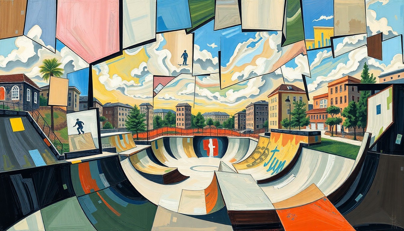 A cubist, geometric painting depicting the Snake Run skate park, with sharp, overlapping planes and shapes that capture the dynamic movement and energy of skateboarding.