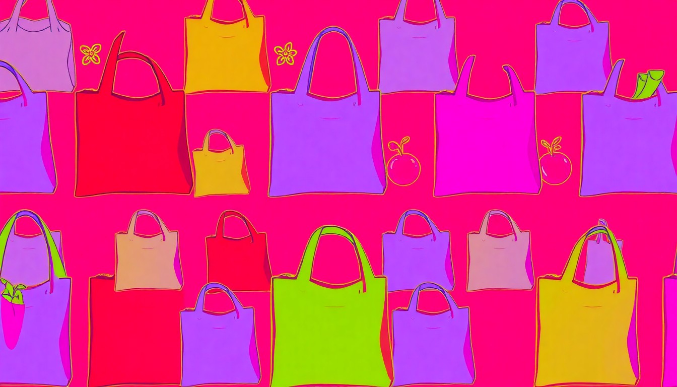 A brightly colored, high-contrast silkscreen print of a reusable grocery bag repeated in a tight grid pattern, conceptually representing the iconic status of a community-focused natural foods store.