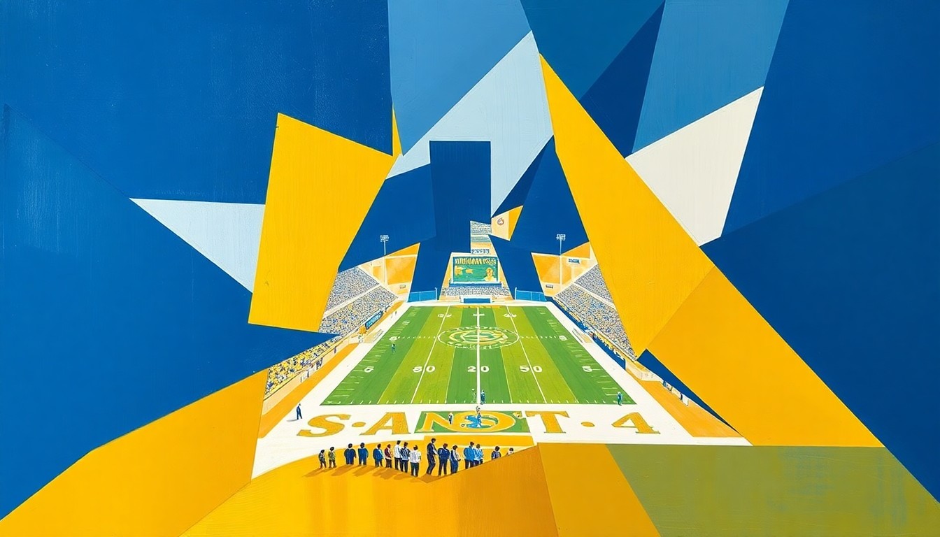 A cubist, geometric painting featuring overlapping planes of gold, blue, and white, representing the energy and movement of a college football game.