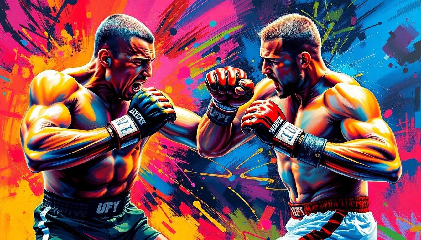 A vibrant, expressionist painting depicting the intense, dynamic movements of two MMA fighters engaged in a fierce battle, with bold brushstrokes and neon colors capturing the raw energy of the sport.