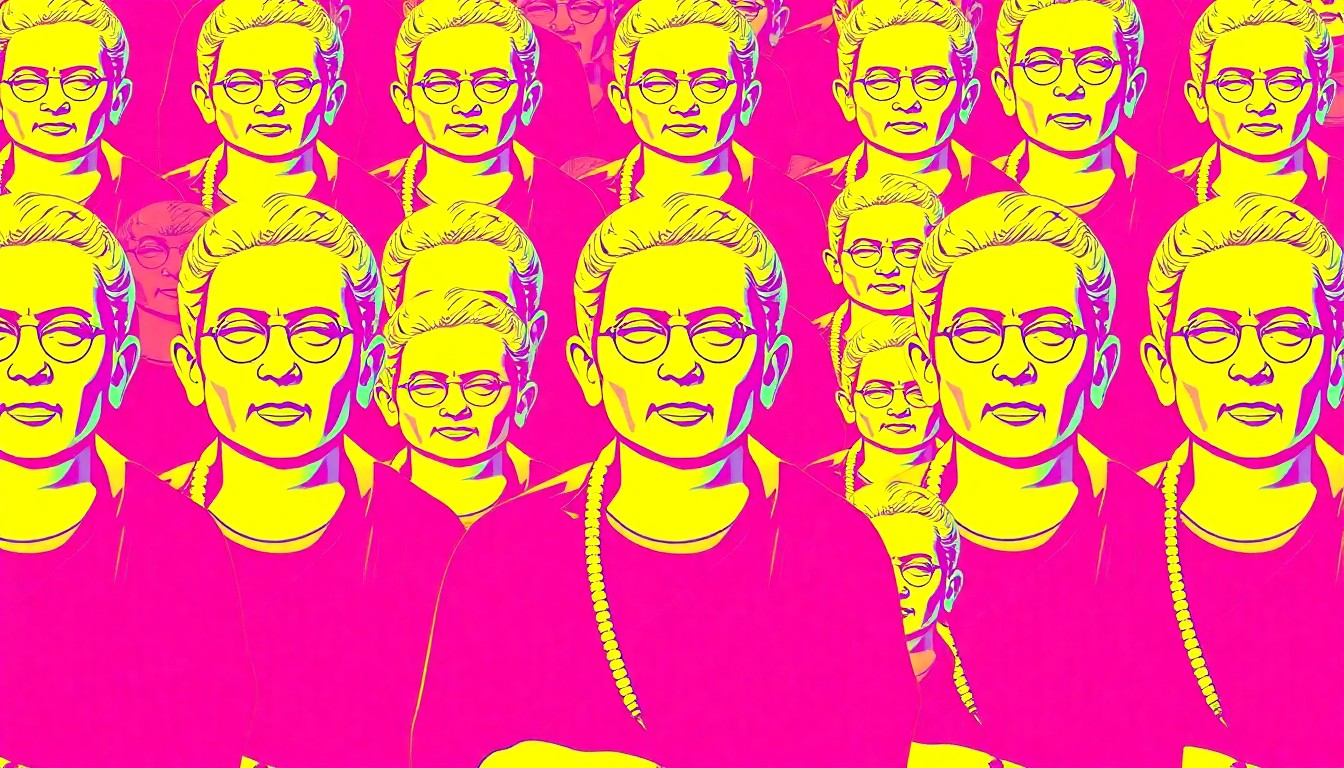 A brightly colored, high-contrast silkscreen print of a statue of Swami Vivekananda, repeated in a tight grid pattern in the style of Andy Warhol. The image utilizes flat, vibrant, and unnatural neon color palettes overlapping with heavy black photographic outlines to turn the iconic figure into modern pop art.