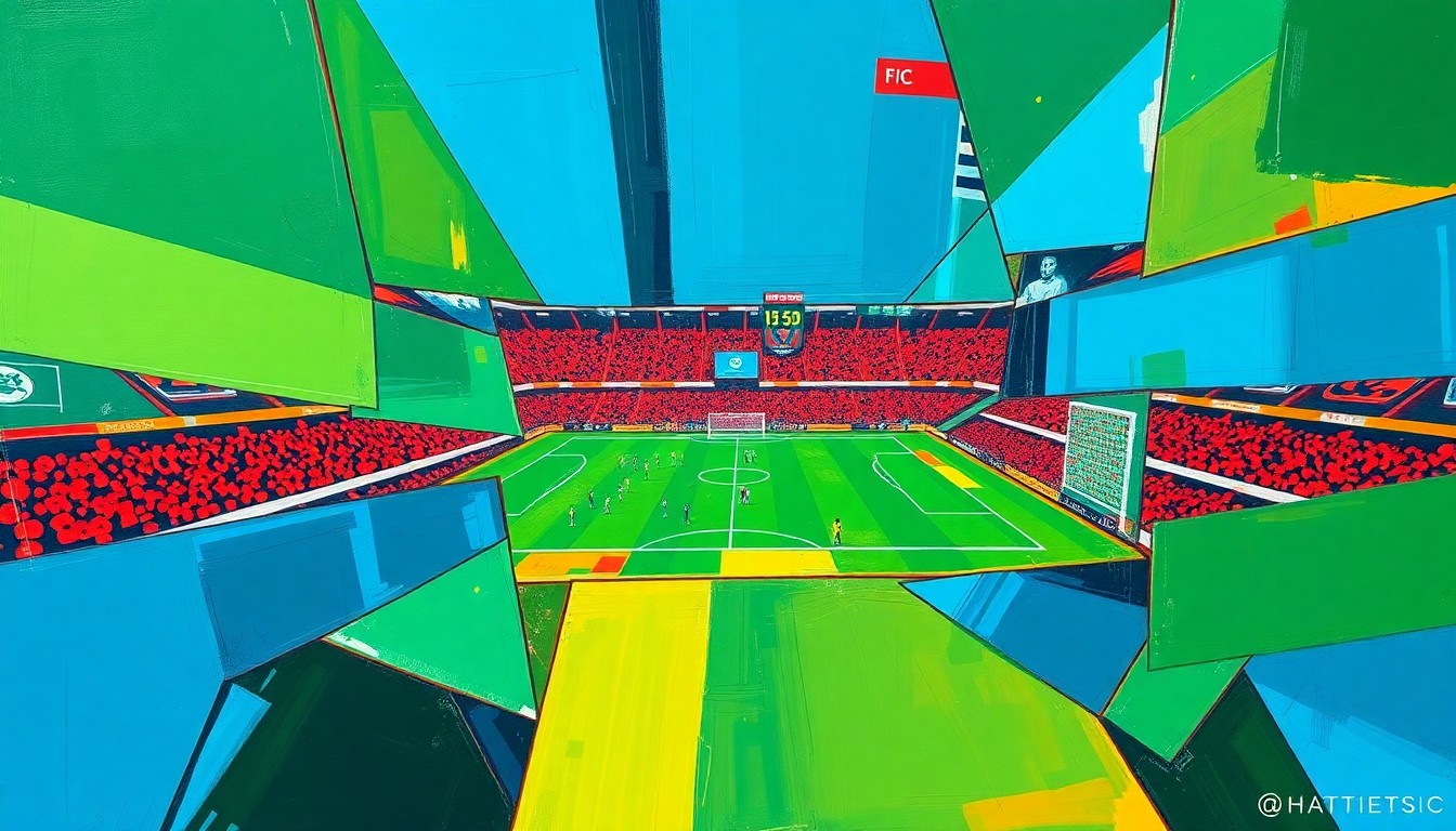 A fragmented, geometric painting depicting the dynamic movements and competing forces of a soccer match, with players and the field rendered in a cubist style using bold, clashing colors.