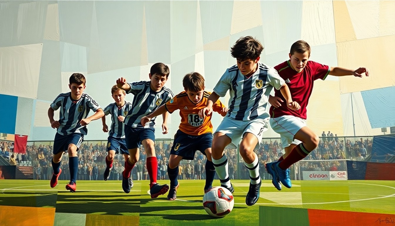A fragmented, geometric painting depicting the dynamic movements and energy of a youth football match, with the players' forms broken down into sharp, overlapping planes of color and shape.