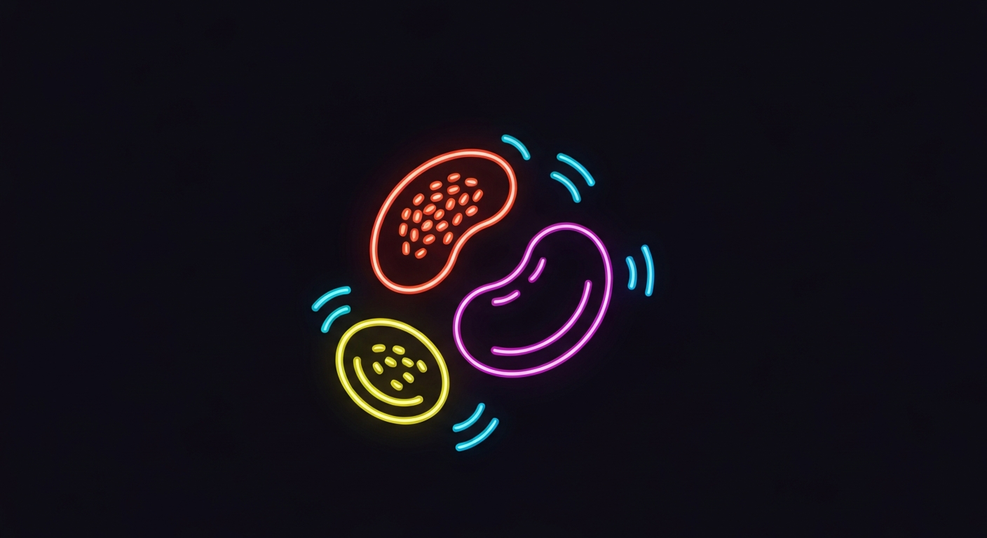 A minimalist illustration in the style of Keith Haring, featuring a vibrant neon outline of a chia seed against a dark background, conceptually representing the energy and versatility of high-fiber foods.