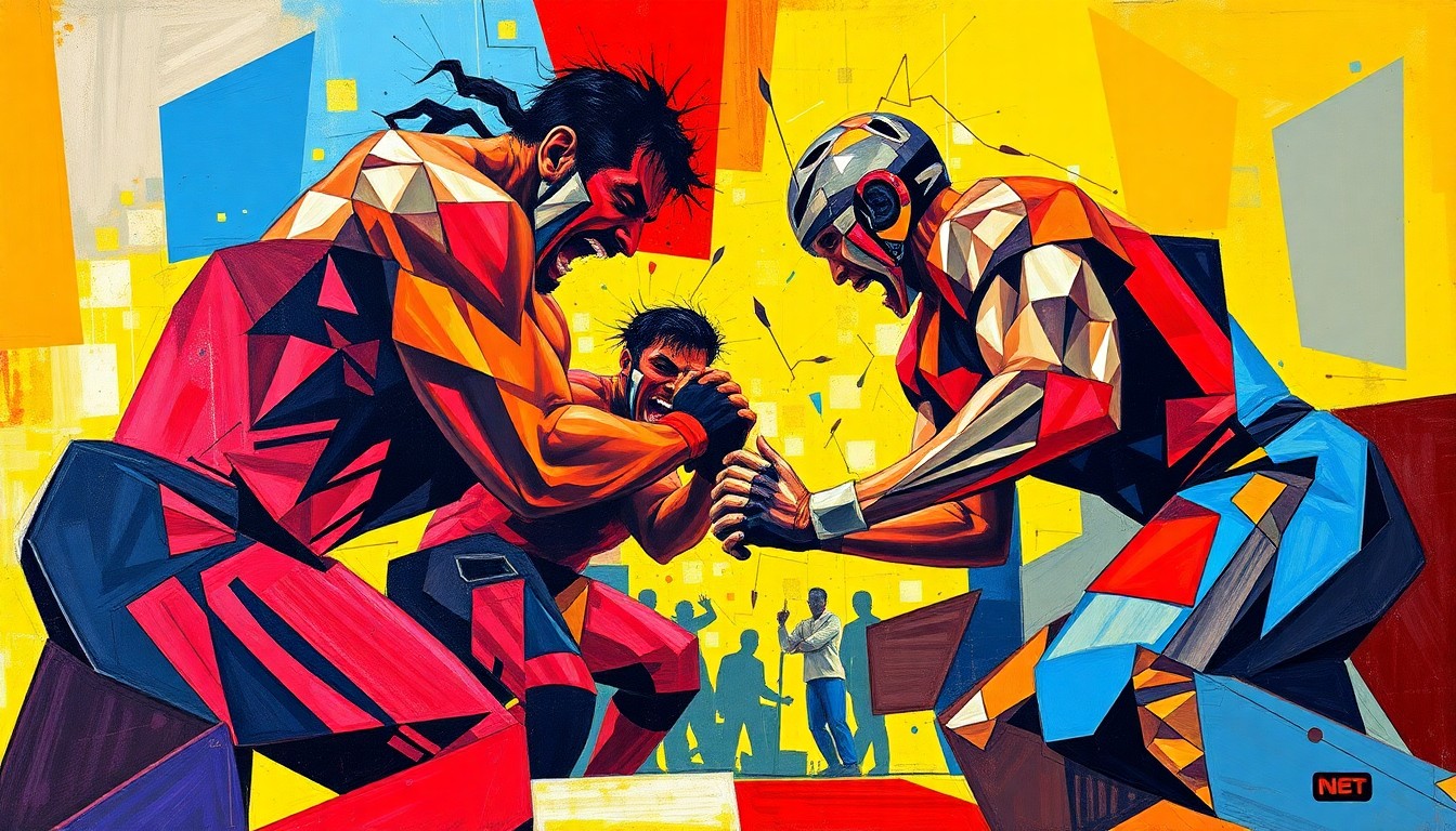 A cubist, geometric painting depicting the chaotic energy of a professional wrestling match, with overlapping planes of vivid colors and abstracted figures conveying the raw power and spectacle of the sport.