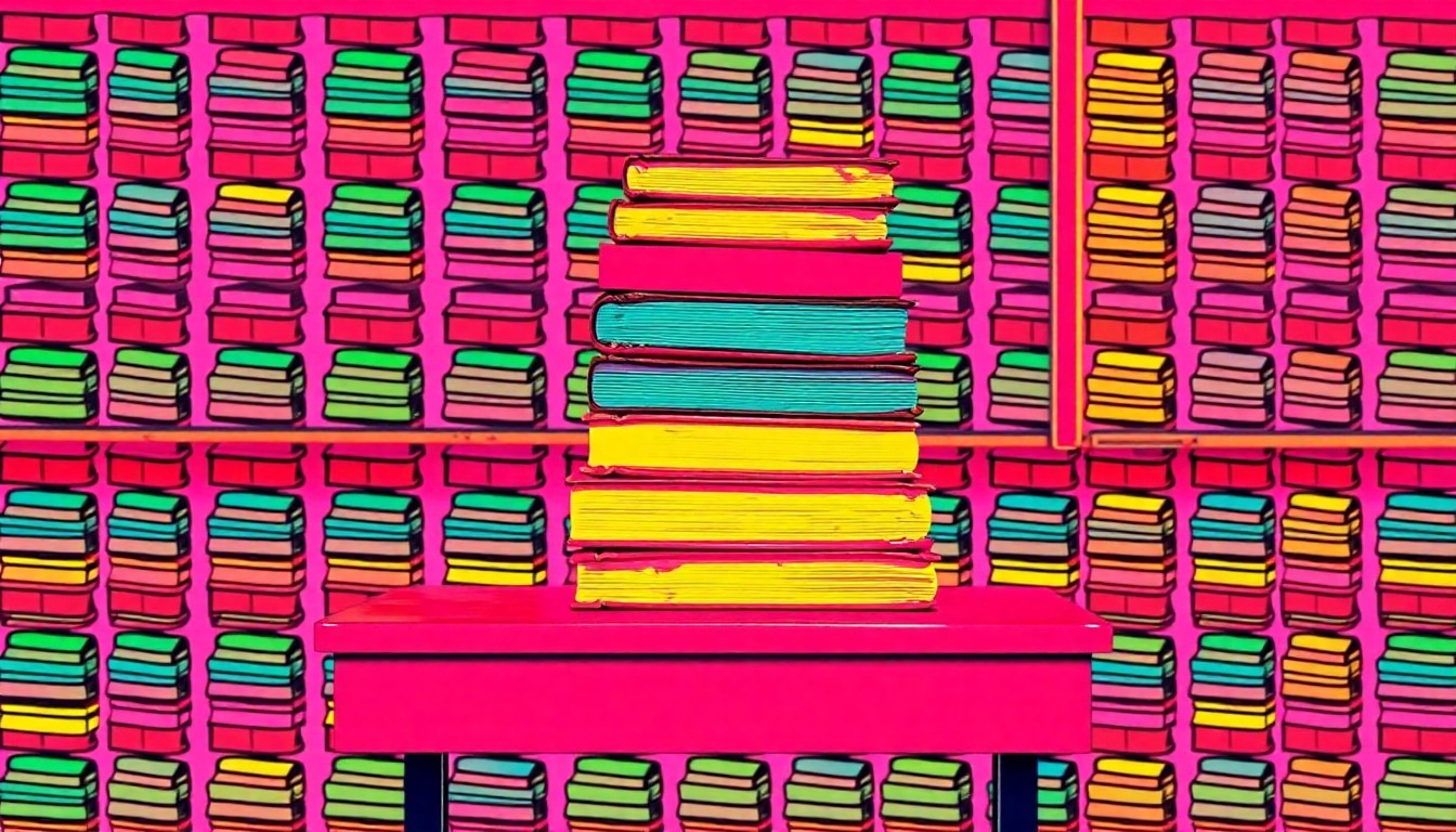 A bold, colorful silkscreen-style illustration featuring repeating patterns of school supplies and furniture, conceptually representing the importance of school support staff in education.