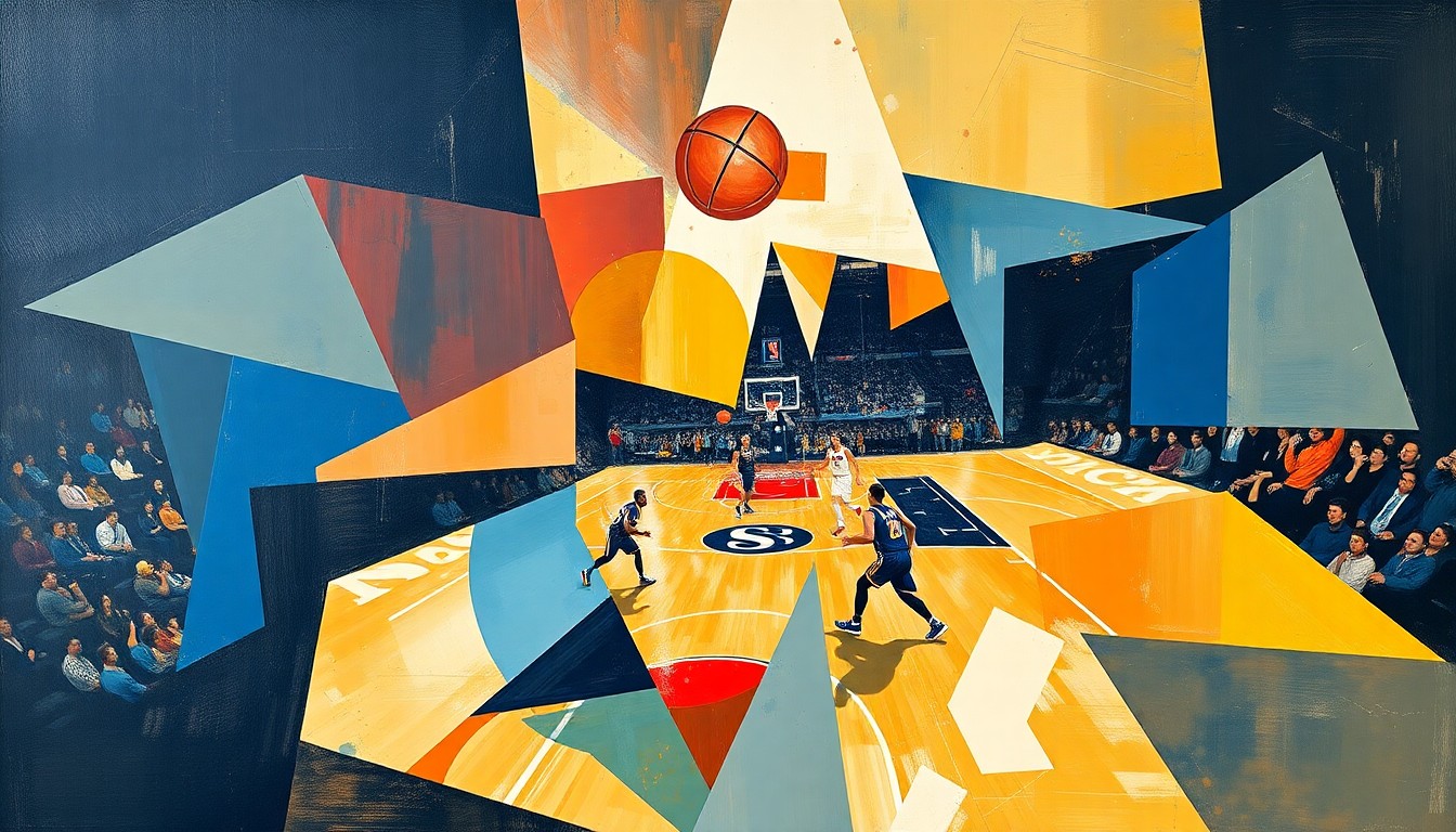 A cubist-style painting featuring overlapping geometric shapes and planes in shades of blue, orange, and green, representing the dynamic action of a basketball game between two teams.