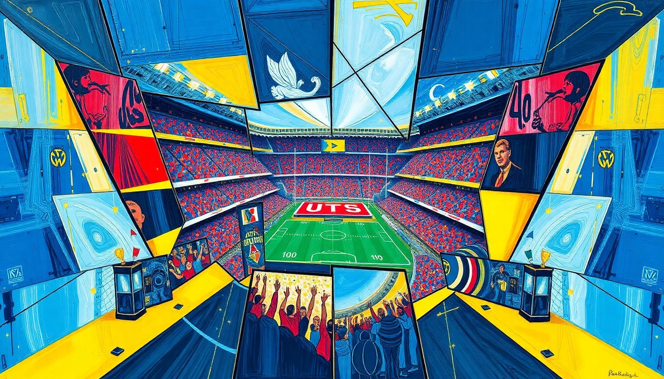 A cubist-style painting featuring sharp, overlapping geometric shapes in vibrant colors, conceptually representing the complex dynamics surrounding sports team relocations and the fight for fan and community empowerment.