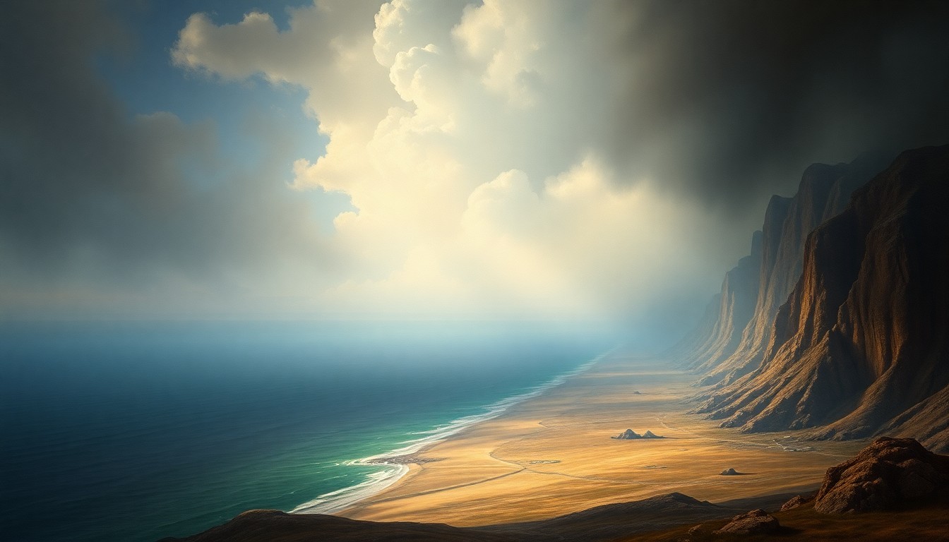 A sweeping, atmospheric landscape painting depicting a small, distant coastline dwarfed by dramatic, turbulent clouds and rising waters, conveying the overwhelming power of nature and the precarious state of Tybee Island's disappearing beach.