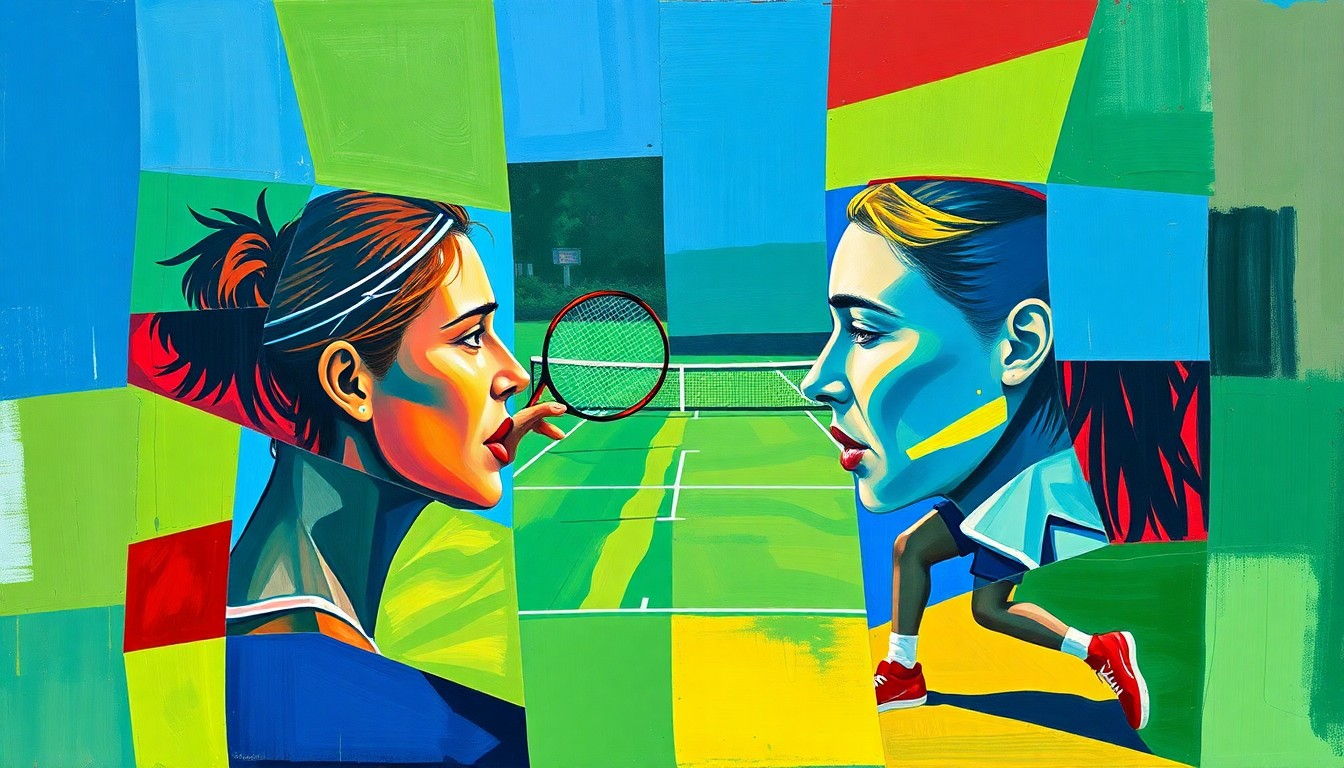 A fragmented, geometric painting depicting the dynamic action and energy of a tennis match, with sharp planes of color and overlapping perspectives capturing the intensity of the competition.
