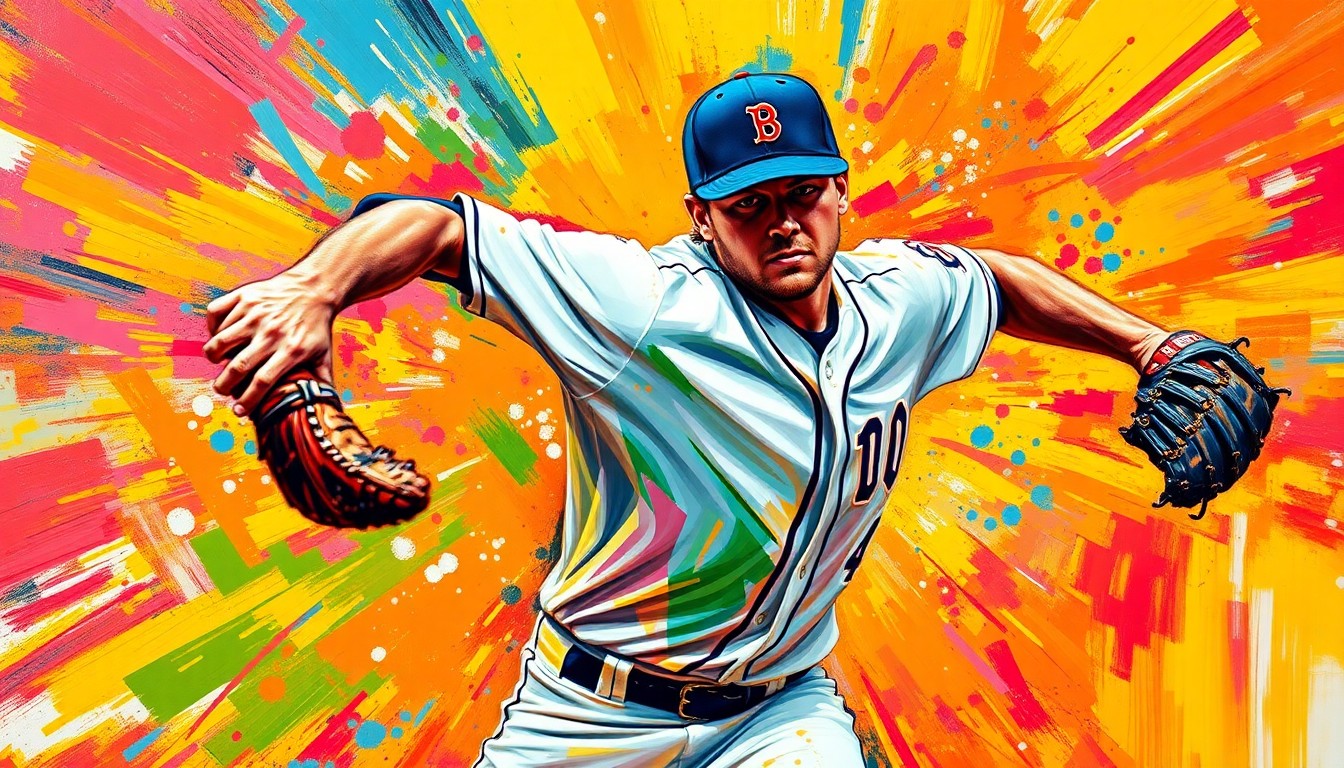 An extreme close-up of a baseball pitcher's throwing motion, with vibrant neon paint splatters capturing the raw energy and velocity of a pitch exceeding 100 mph. The player's face and uniform details are obscured, emphasizing the explosive power of the throw.