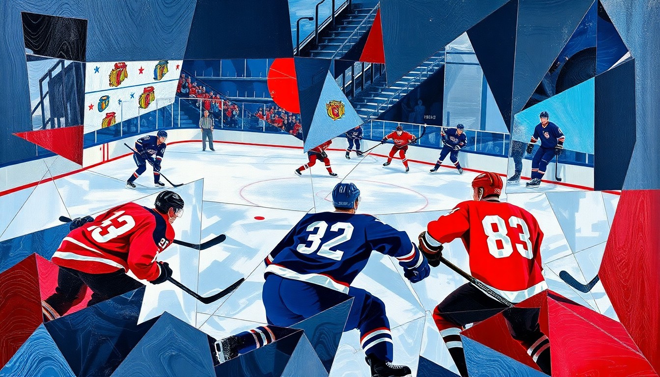 A cubist-style painting depicting a hockey game broken down into sharp, overlapping geometric shapes in navy, red, and silver, conveying the abstract energy and unpredictability of the sport.