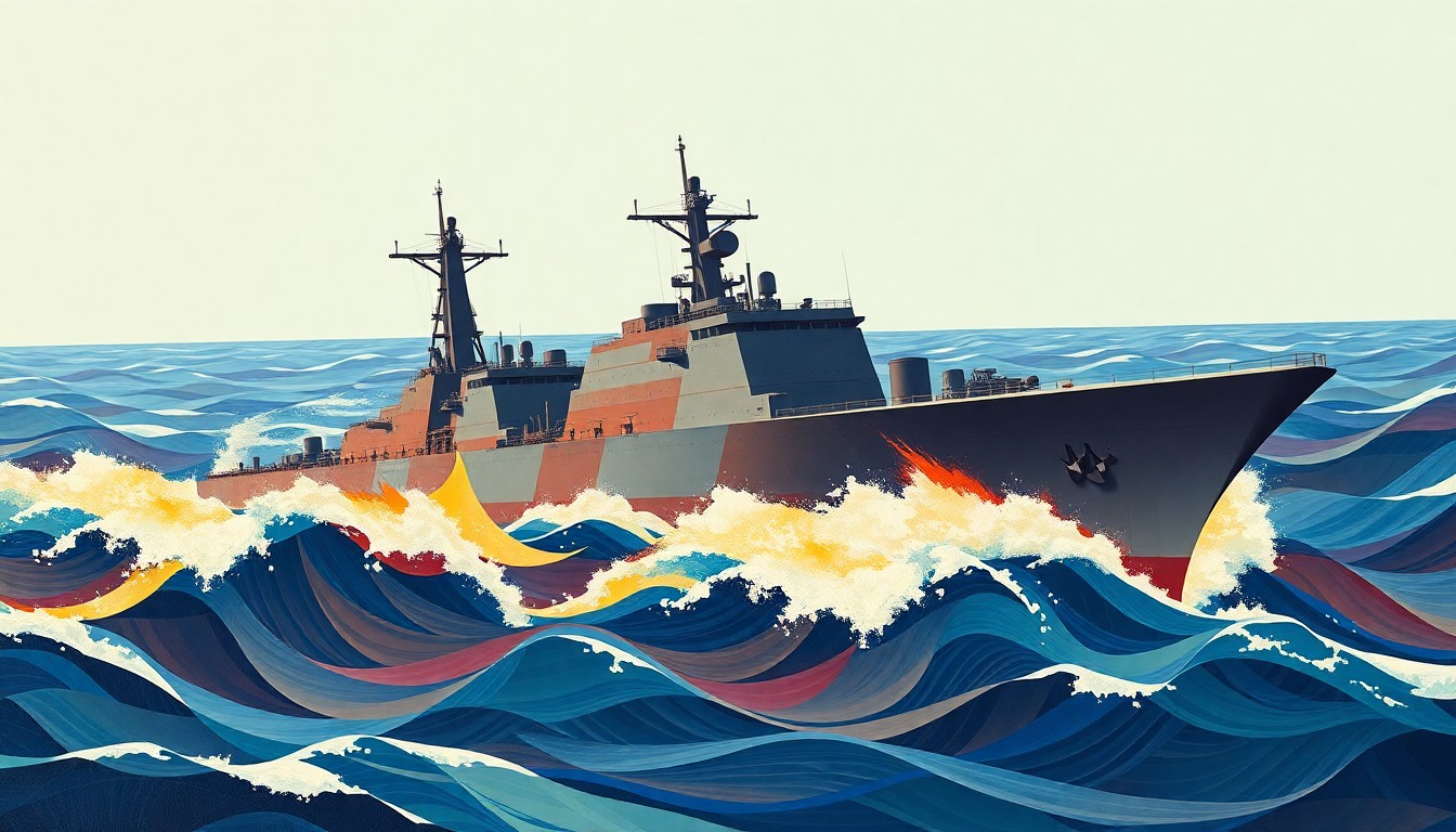 A vibrant, abstract painting depicting the fractured, geometric silhouette of a Chinese drone carrier surging through the waves, conveying a sense of motion and technological innovation.