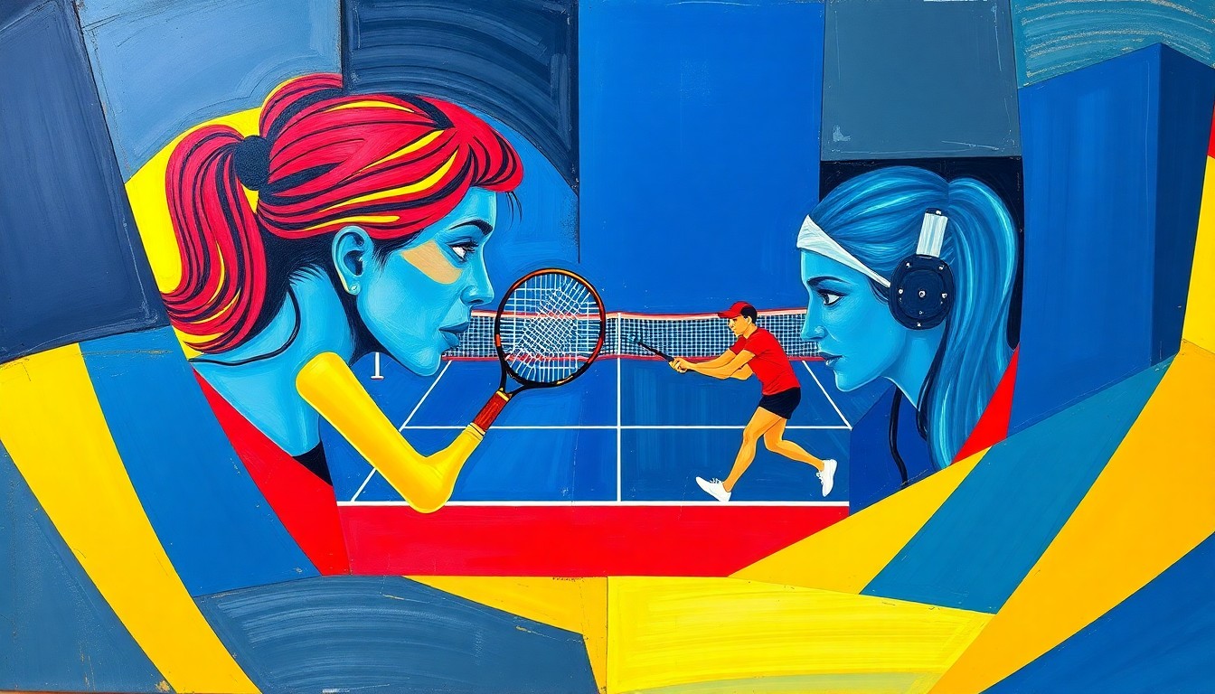 A fractured, multi-perspective painting in the style of Pablo Picasso, breaking down a tennis match into sharp, overlapping geometric planes of navy blue, crimson red, and golden yellow, capturing the raw energy and drama of the match.