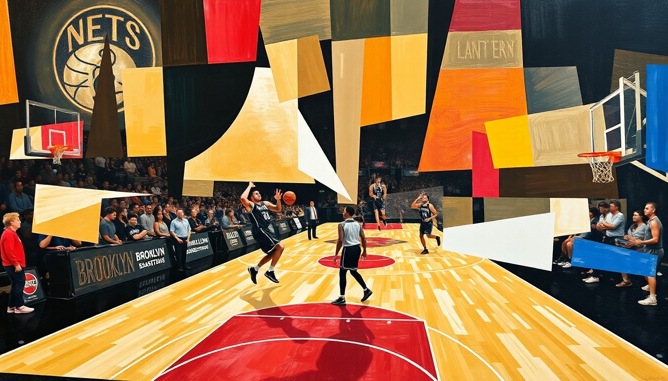 A dynamic, abstract painting featuring sharp, overlapping geometric shapes and planes in a vibrant color palette, conceptually representing the energy and action of a basketball game between the Brooklyn Nets and Chicago Bulls.
