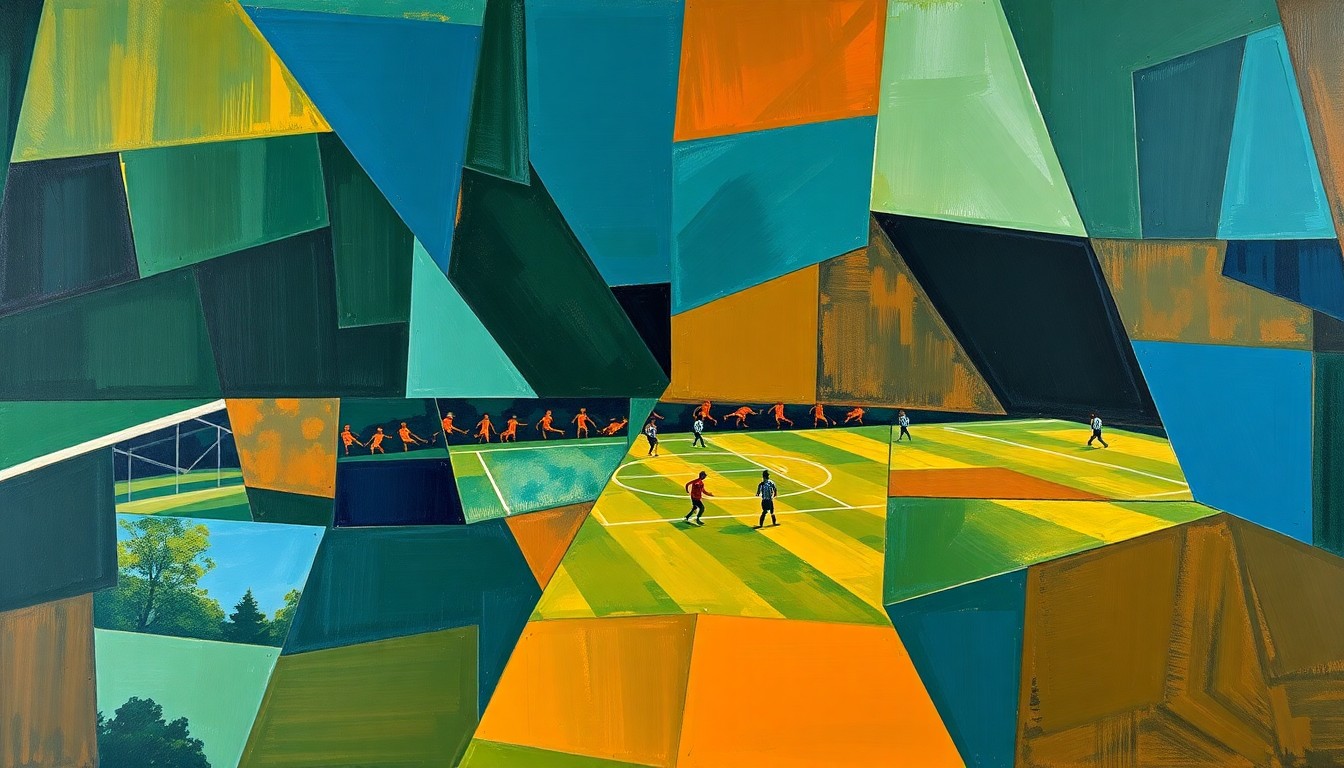 A cubist, geometric painting depicting a soccer match or training session, with sharp, overlapping planes of color representing the dynamic movement and energy of the game.