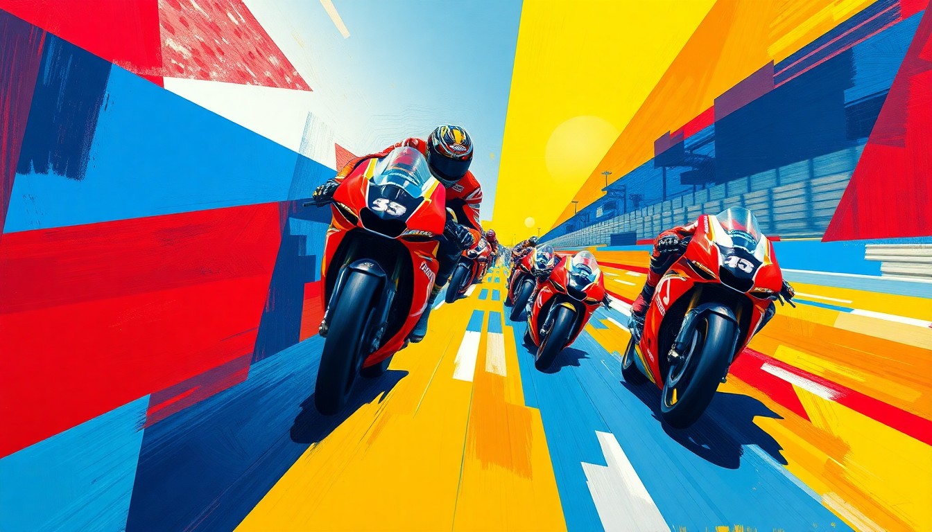 A cubist, geometric painting depicting a MotoGP race, with sharp, overlapping planes of color representing the high-speed action and strategic maneuvering of the riders.