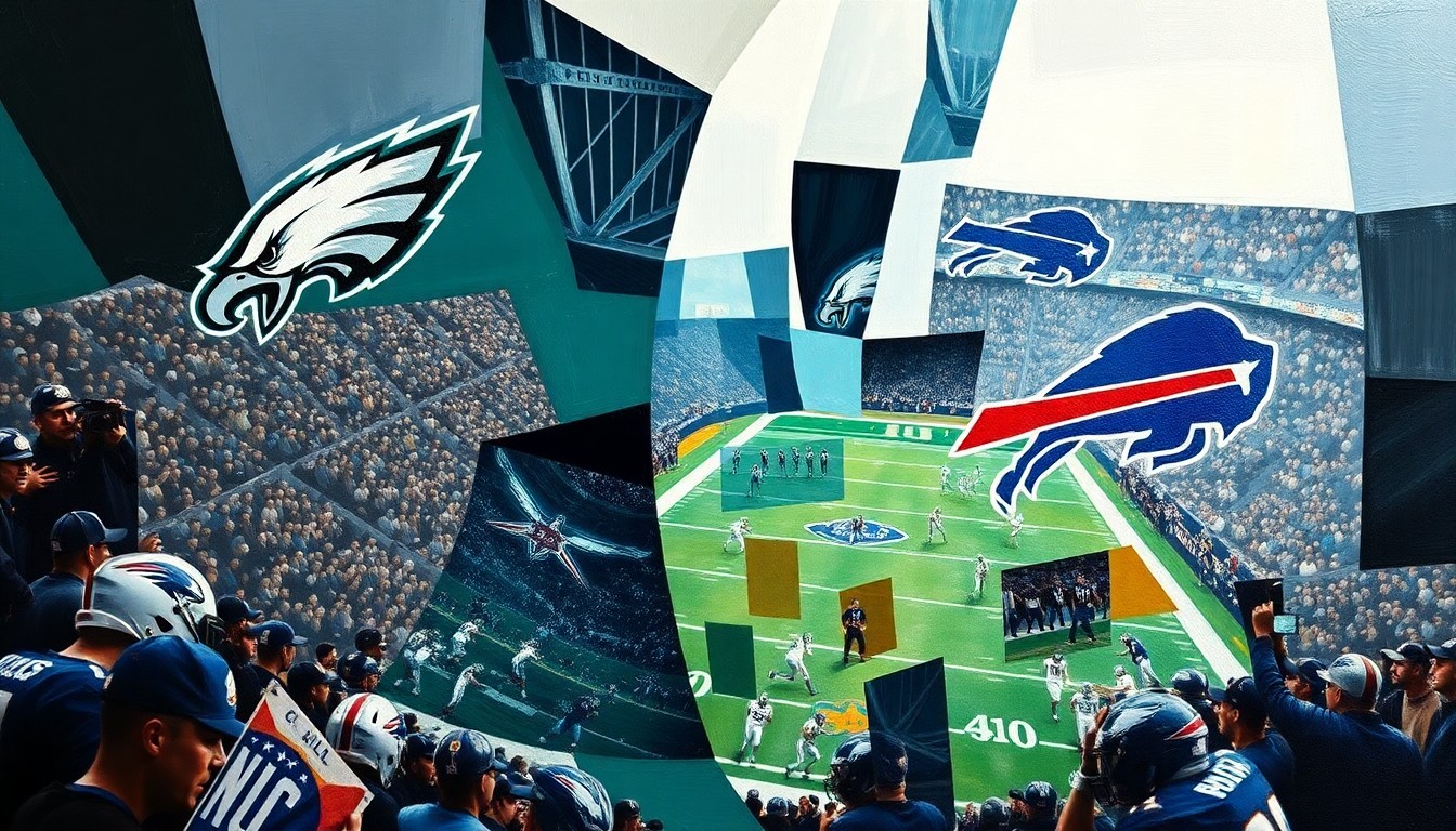 A cubist-style painting depicting a football game, with the players and field broken down into sharp, overlapping geometric shapes in a variety of colors, capturing the intensity and energy of the competition.