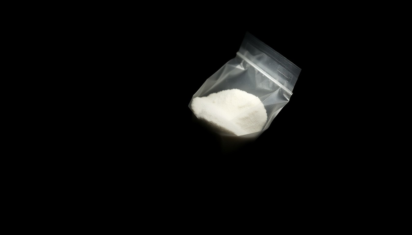 An extreme close-up photograph of a small plastic bag containing a white powdery substance, conceptually illustrating the drug possession charges against the Cowboys player.