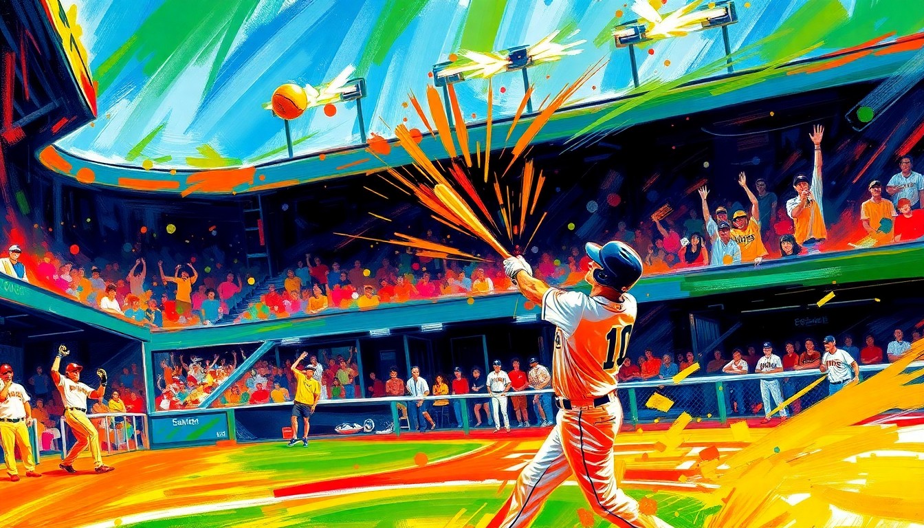 An abstract, expressionist painting depicting the explosive energy of a baseball player's home run swing, with the ball bursting through the air in a blur of neon orange against a backdrop of vibrant brushstrokes in shades of blue, green, and yellow, capturing the raw emotion and excitement of the game-winning moment.
