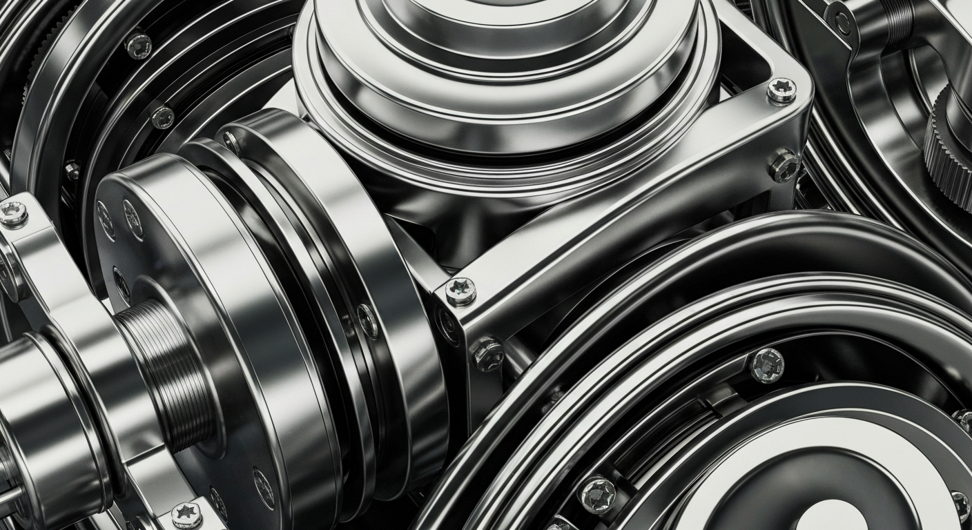 A highly detailed, black-and-white close-up image of the gears, levers, and mechanisms that make up the inner workings of a large banking institution, conveying a sense of the institutional power and financial security represented by the company.