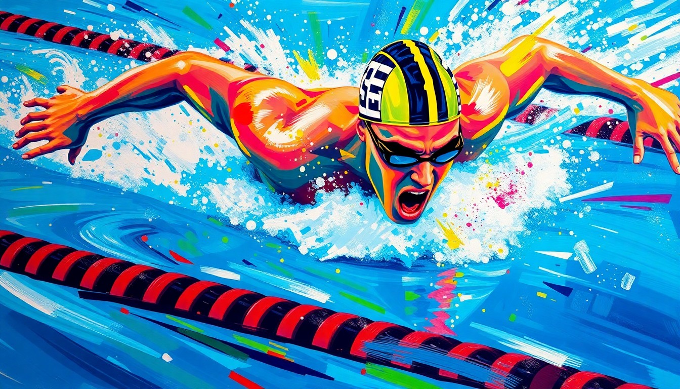 An abstract, expressionist painting in vibrant neon colors depicting the fluid, explosive movements of a swimmer breaking through the water, with no discernible faces or logos.