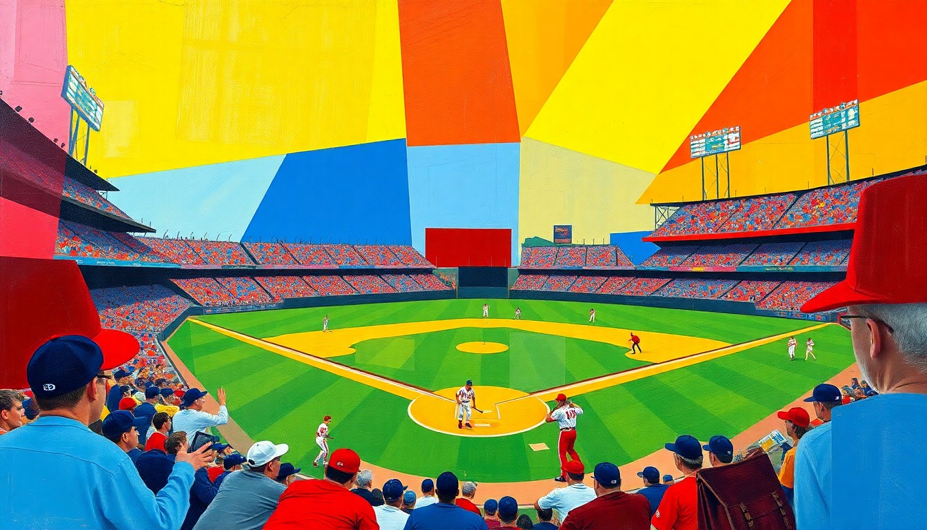 An abstract, cubist-style painting depicting a baseball game, with the players and field represented as fragmented, angular shapes in a bold color palette, conveying the dynamic energy of the game-changing home runs.