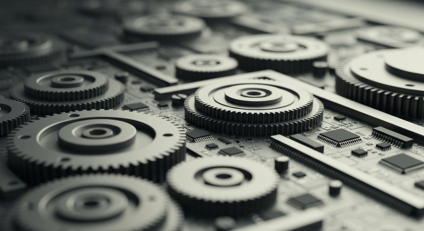 An extreme close-up of intricately machined metal gears, circuit boards, and other industrial components in muted tones, conveying the complex financial and technological infrastructure behind modern semiconductor design.
