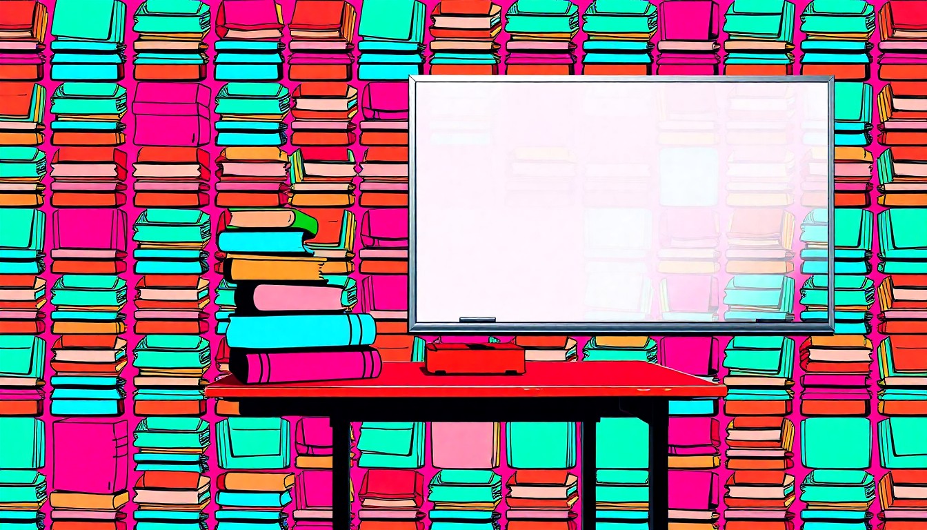 A brightly colored, high-contrast silkscreen print of common classroom objects like textbooks, a whiteboard, and a teacher's desk repeated in a tight grid pattern, capturing the energy and creativity of engaging educational experiences.