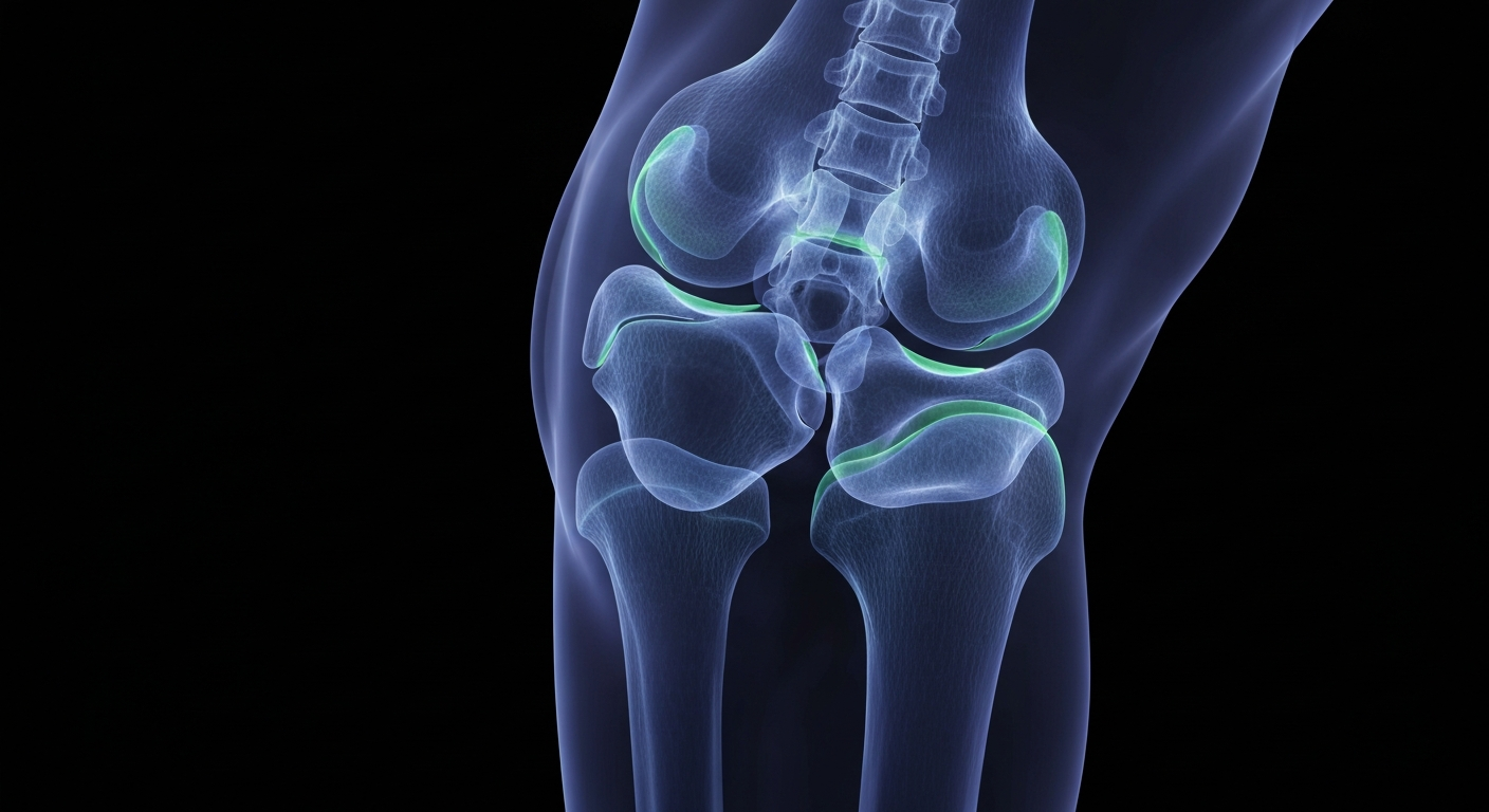 A highly detailed, translucent X-ray image of a human knee joint, with the cartilage, bone, and ligaments visible as glowing, ghostly structures against a dark background, conceptually illustrating the potential for regenerative therapies to repair damaged joint structures.