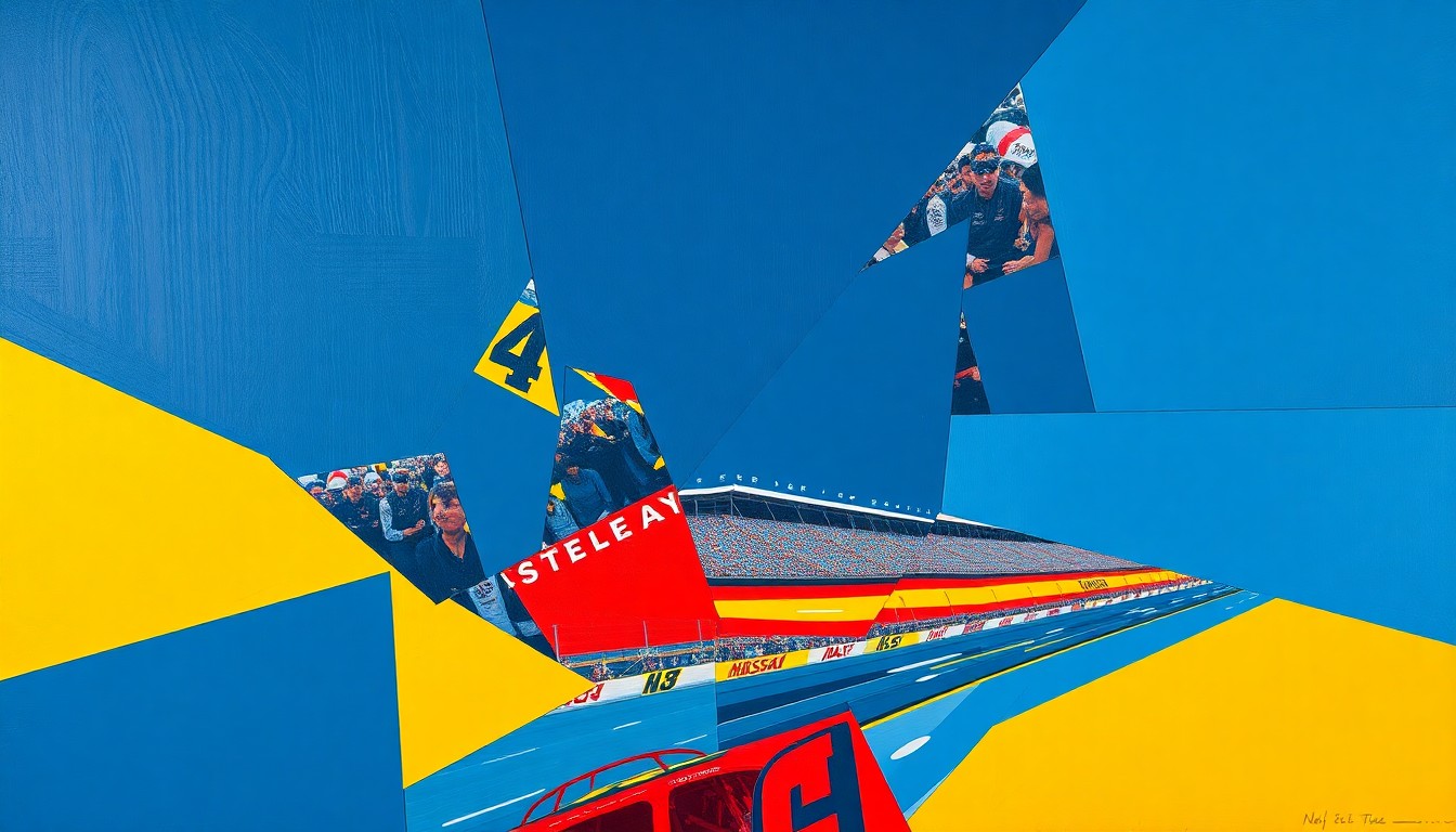 A fragmented, geometric painting in bold colors depicting the action and energy of a NASCAR race at the Nashville Fairgrounds Speedway, with no identifiable elements.