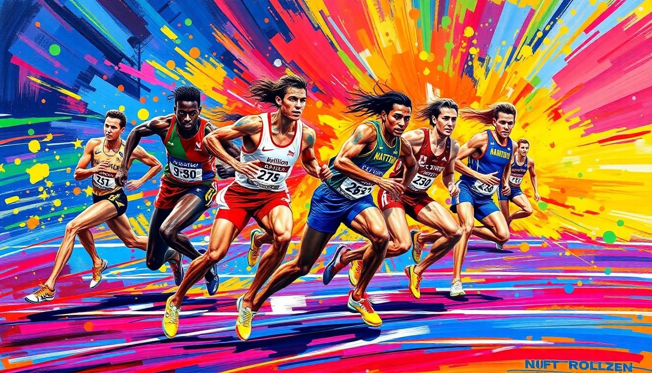 An abstract, energetic painting featuring bold brushstrokes in neon greens, blues, and reds, capturing the dynamic motion and intensity of a track and field competition.
