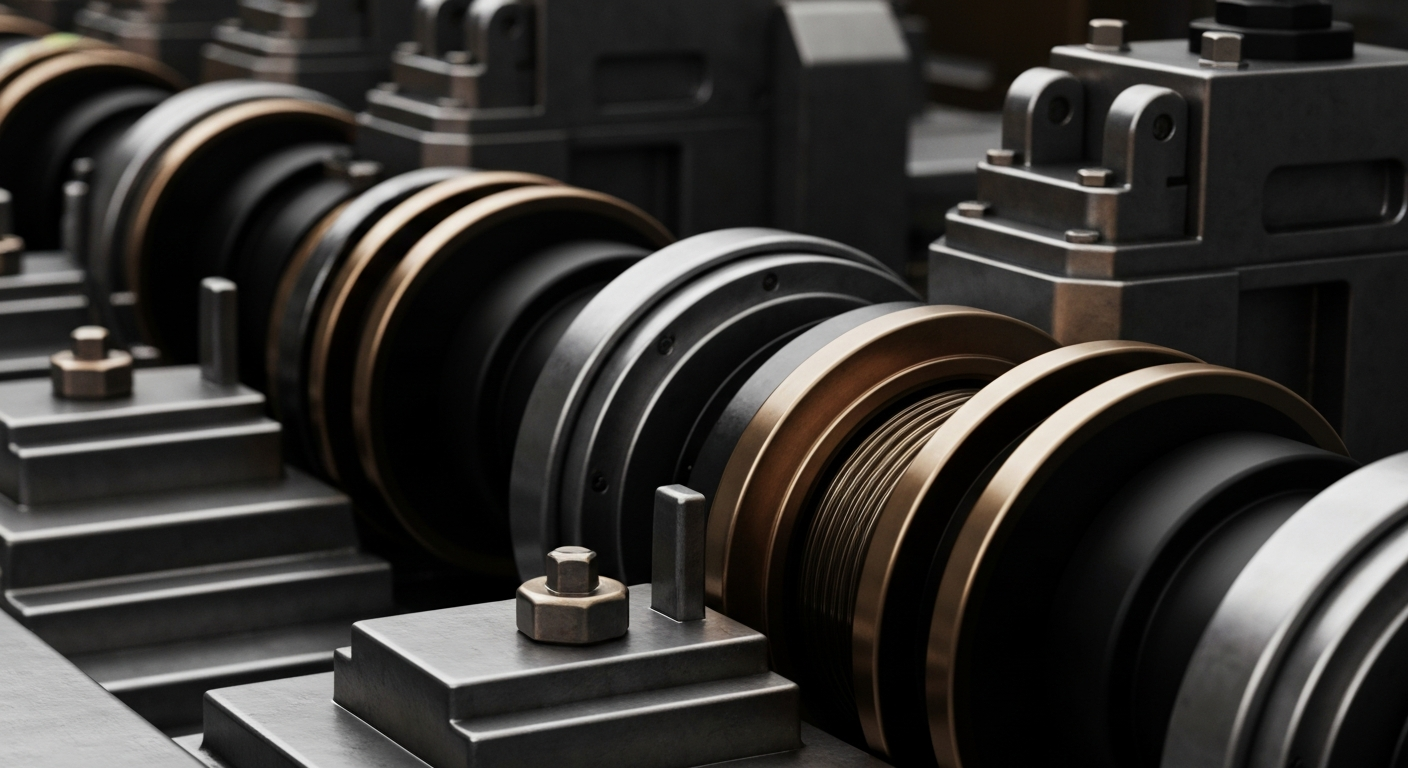A highly detailed, black-and-white close-up image of the gears, levers, and mechanical components that make up the physical infrastructure of a bank, conveying a sense of the secure, industrial foundations of the financial system.