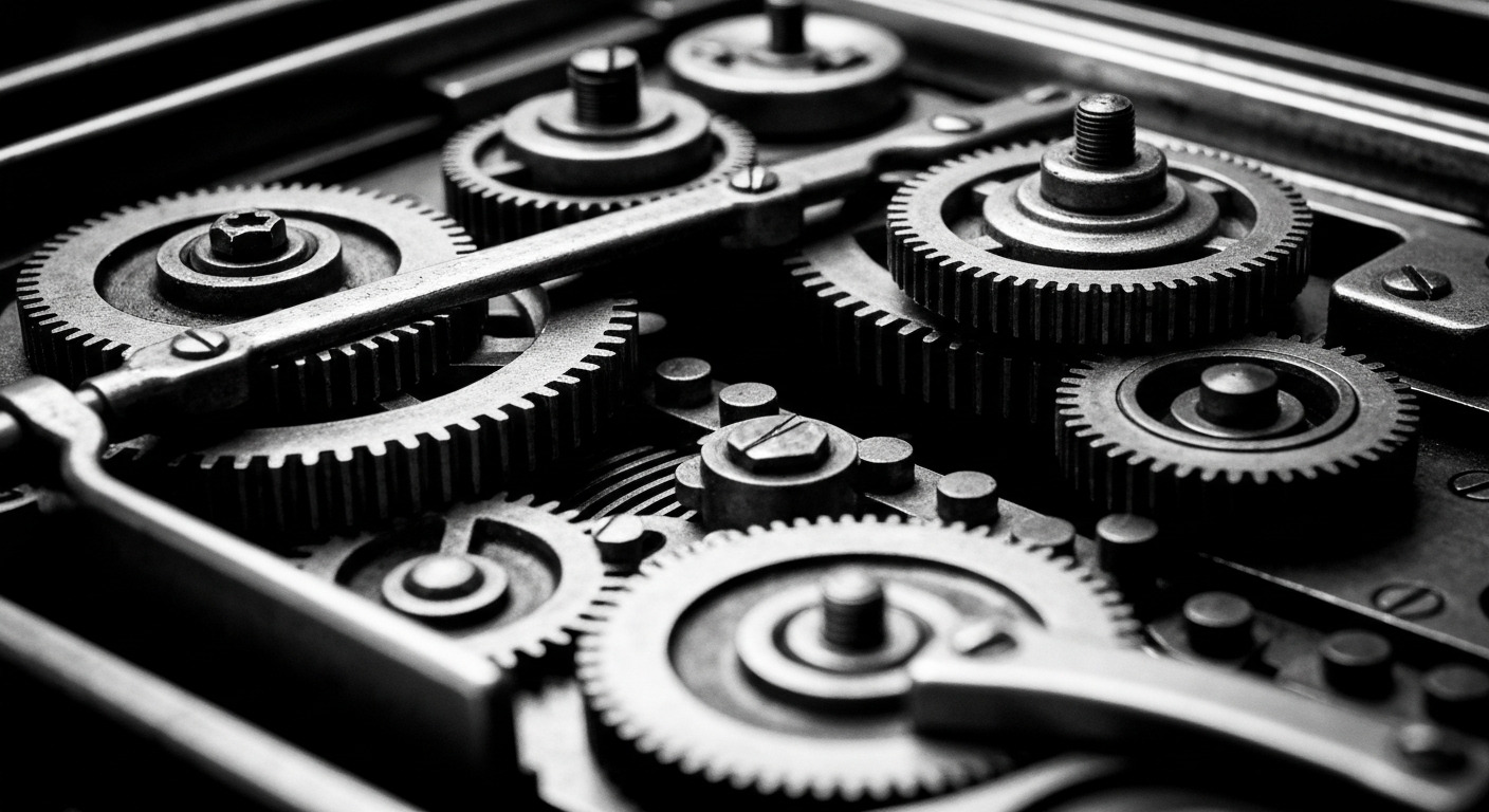 A high-contrast black and white close-up image of the intricate gears and mechanisms of a vintage financial accounting machine, representing the institutional stability and security of the MFS Multimarket Income Trust's dividend payments.