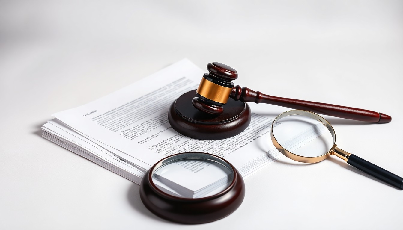 A high-end, photorealistic studio still-life photograph featuring a stack of legal documents, a gavel, and a magnifying glass arranged elegantly on a clean, white seamless background, conceptually representing the legal process of a securities class action lawsuit.