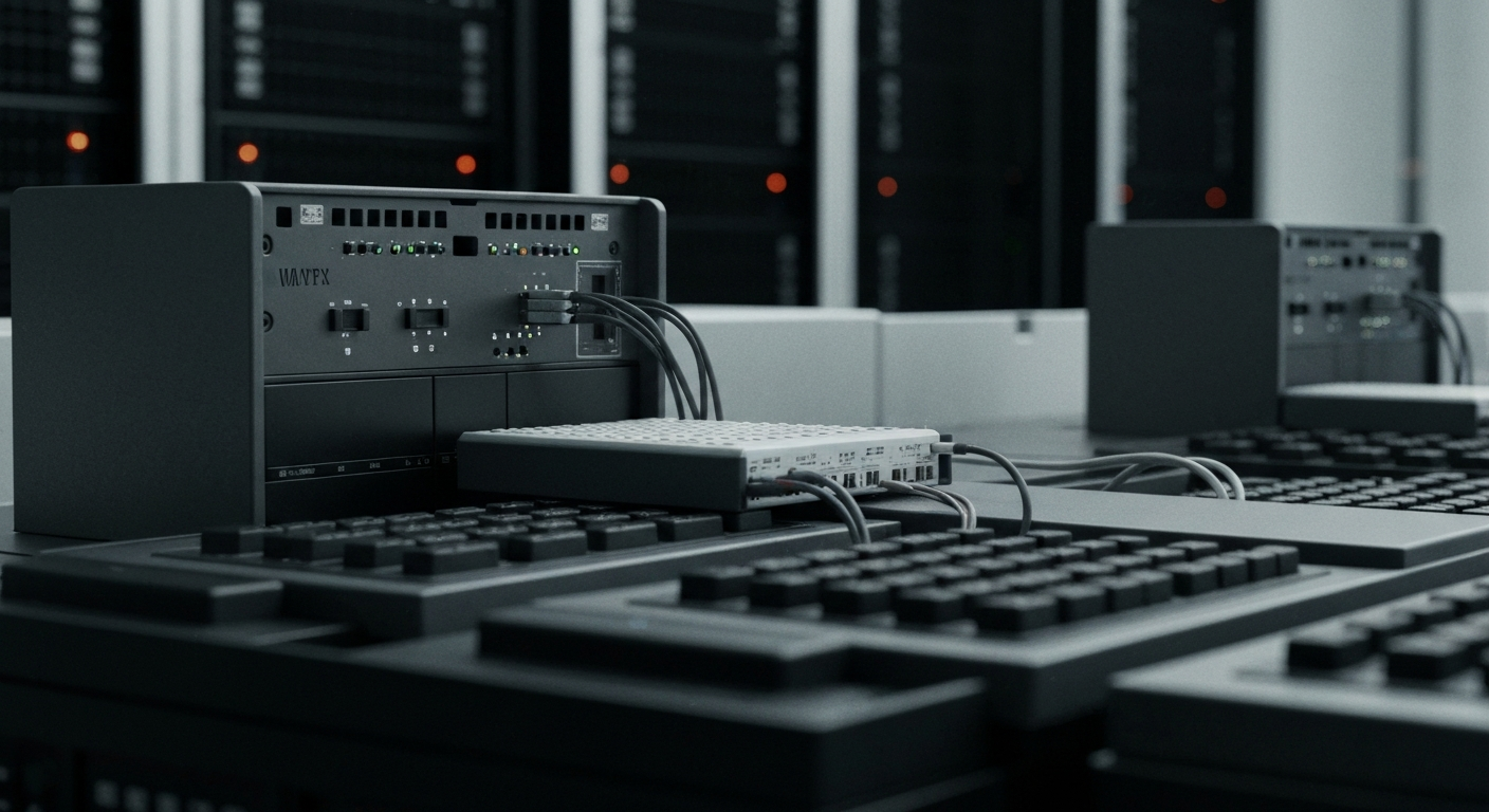 An extreme close-up of industrial computer servers, wiring, and cooling systems, conveying the tangible, mechanical nature of Autodesk's technology backbone.