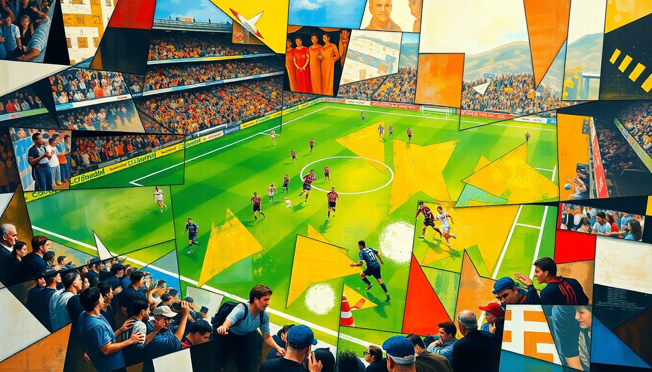 A fractured, cubist-style painting depicting the intense action of a football game, with players and the field of play broken down into sharp, overlapping geometric shapes and planes in a vibrant color palette.