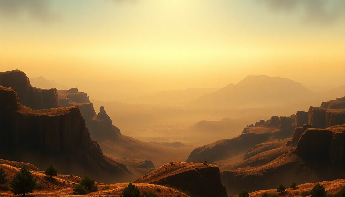 A vast, atmospheric landscape painting in muted tones of gold, ochre, and hazy blue, depicting a shimmering, hazy horizon that overwhelms any visible structures or objects in the foreground, conveying the overwhelming scale and power of a summer heat wave.