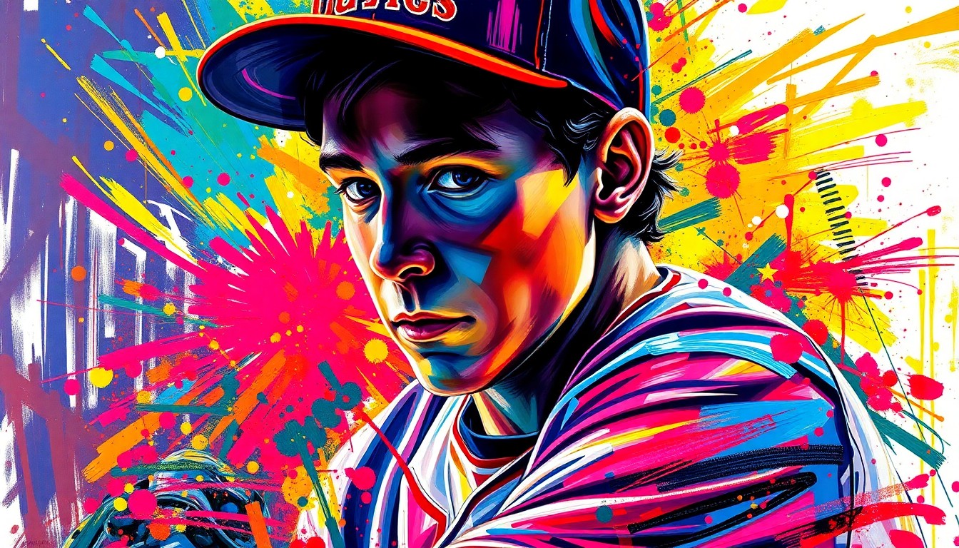 An extreme close-up of a baseball player's arms and torso, rendered in a vibrant expressionist style with bold brushstrokes and neon colors, capturing the raw energy and motion of the sport.