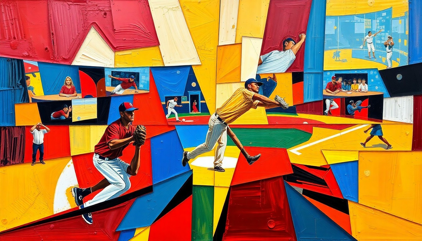 A cubist, geometric painting depicting a baseball pitcher in motion, with sharp, overlapping planes of color representing the explosive energy and multiple perspectives of the sport.