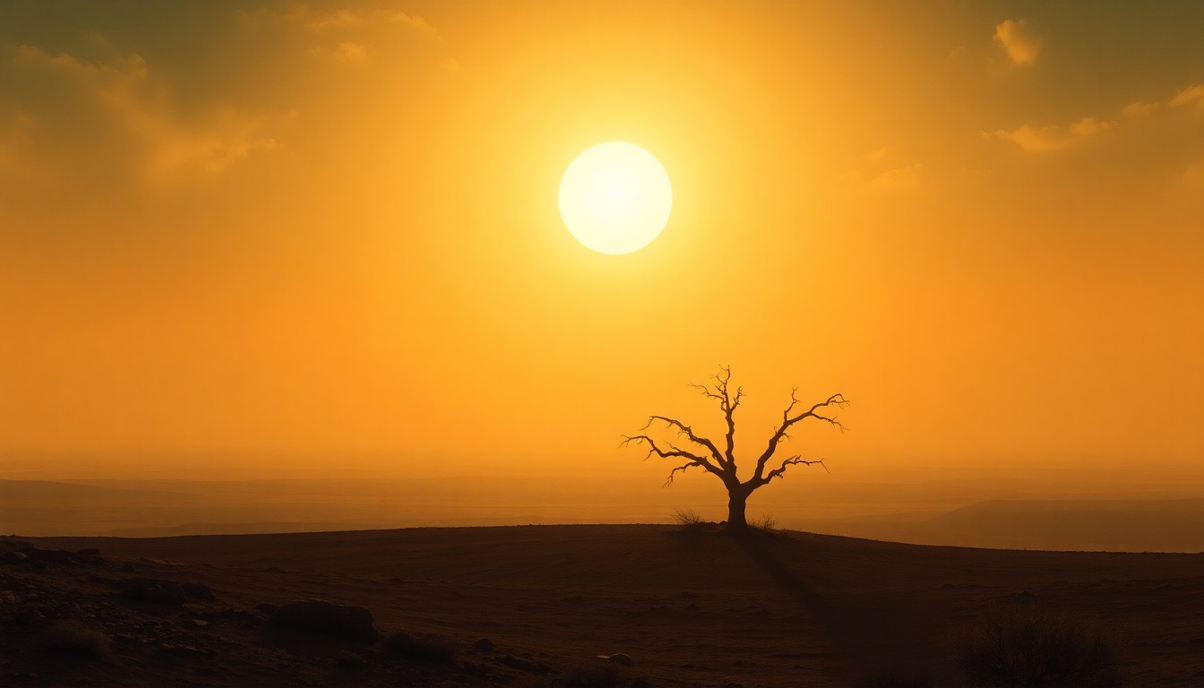 A vast, atmospheric landscape painting in muted earth tones, with a lone, withered tree silhouetted against a hazy, scorching horizon under a relentless sun, conveying the overwhelming scale and power of the natural elements.