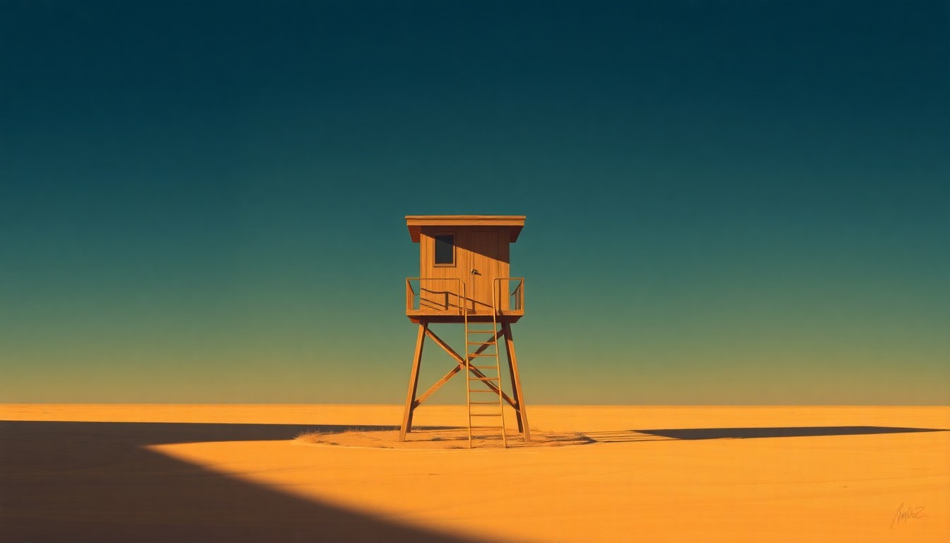 A cinematic painting of a solitary guard tower at the former Minidoka internment camp, bathed in warm sunlight and deep shadows, evoking the isolation and stillness of the historic site.