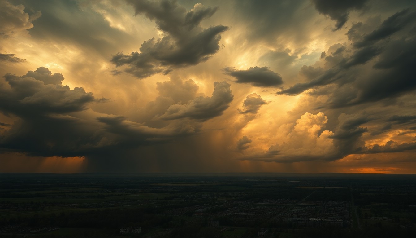 A vast, majestic landscape painting depicting a dramatic, stormy sky over a serene Midwestern cityscape, using deep atmospheric perspective and dramatic backlighting to capture the mood of the impending severe weather.