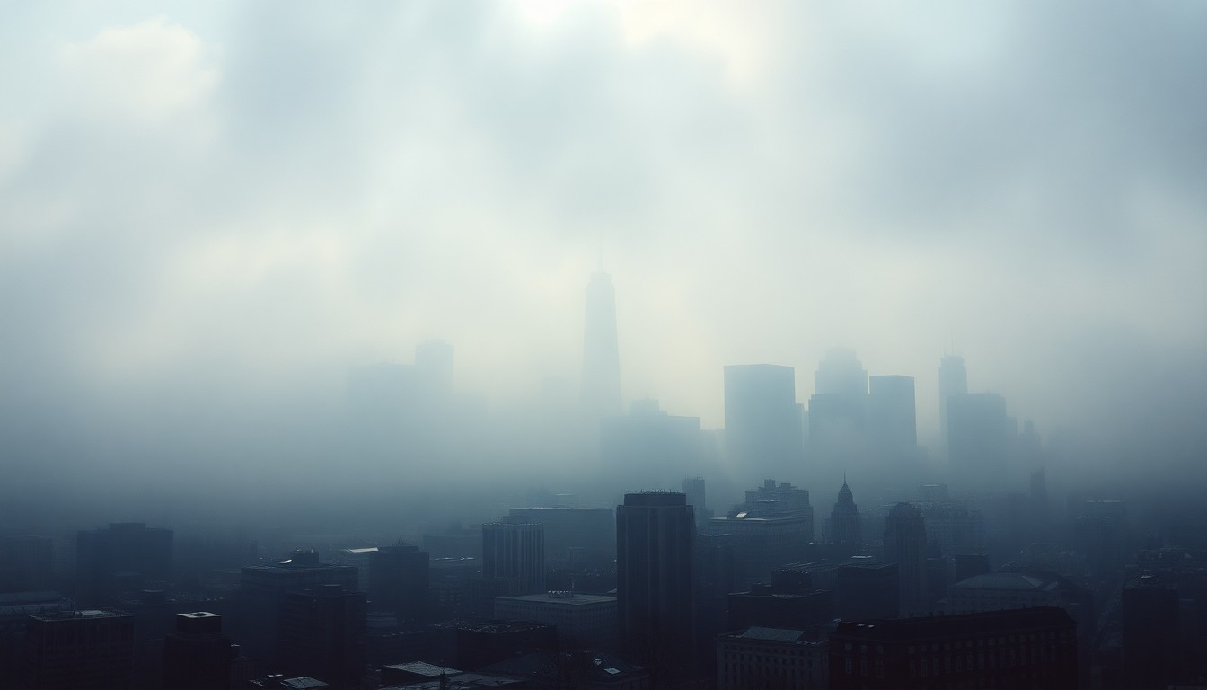 A vast, majestic landscape painting depicting the Boston skyline shrouded in heavy fog and mist, with the iconic Prudential Tower barely visible in the distance, conveying a sense of the overwhelming, sublime scale of the natural world.