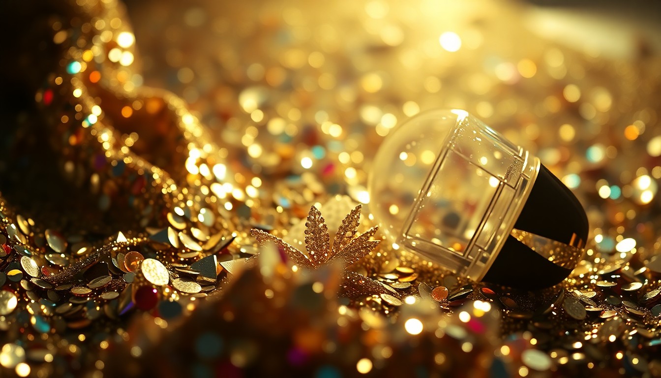 An abstract close-up photograph featuring a textured surface of glittering sequins and shattered glass, capturing the high-fashion glamour and energy of Coachella festival style.