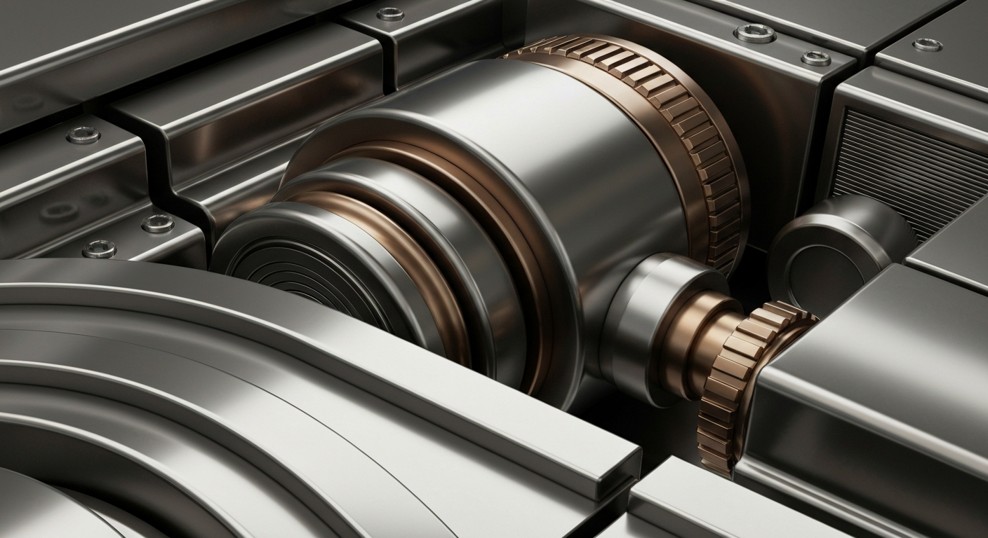An extreme close-up of gleaming, interlocking metal gears and levers, representing the complex machinery of the banking industry in a conceptual illustration.