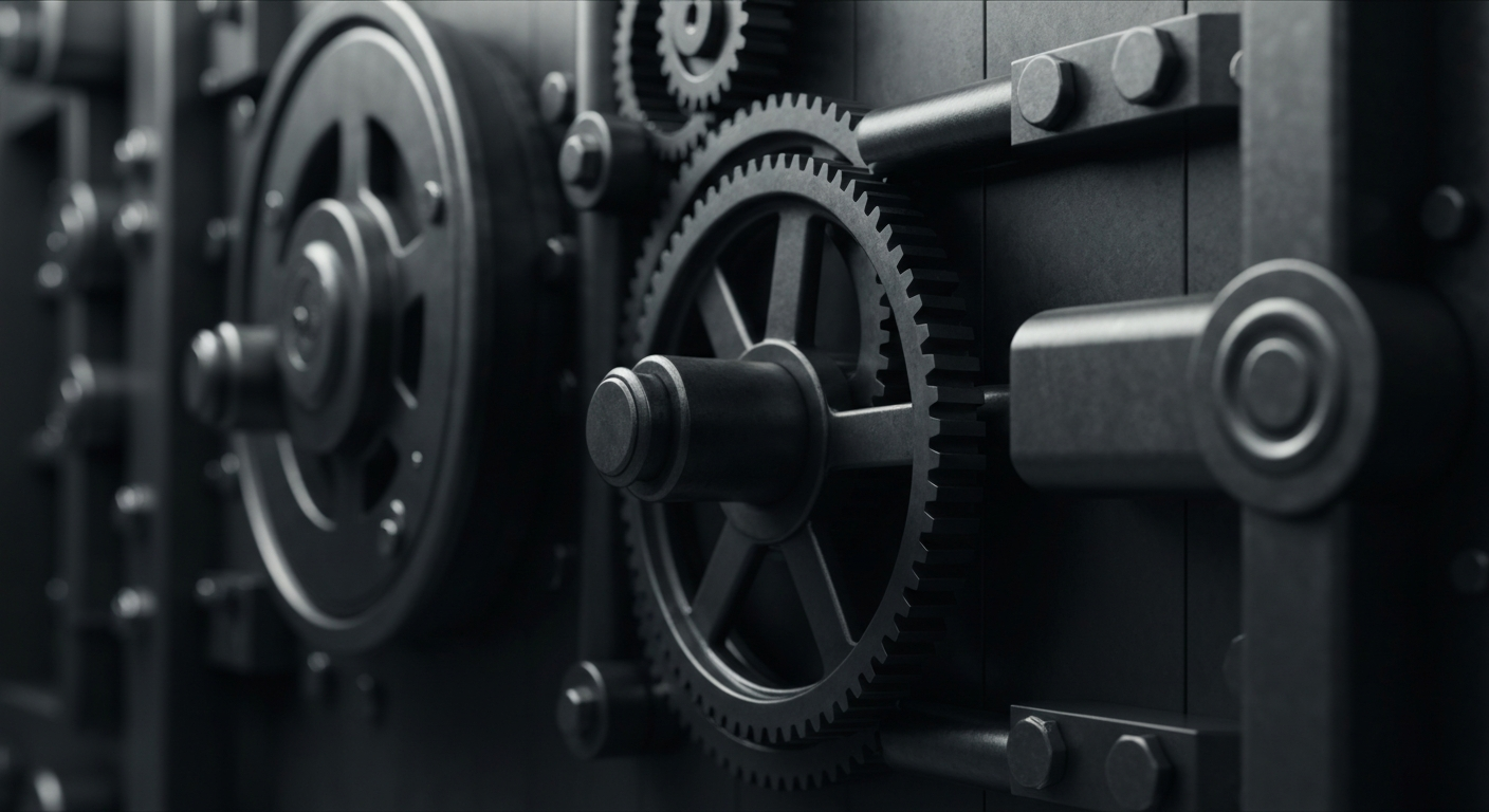 An extreme close-up of the intricate gears, locks, and heavy machinery inside a bank vault, representing the complex financial systems and institutional strength of Ohio Valley Banc.