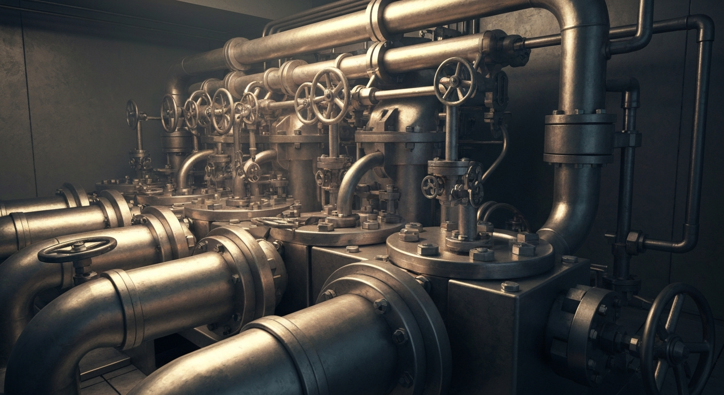 An extreme close-up of intricate, industrial banking machinery and equipment, conveying the complex financial infrastructure underlying major retail corporations like Walmart.