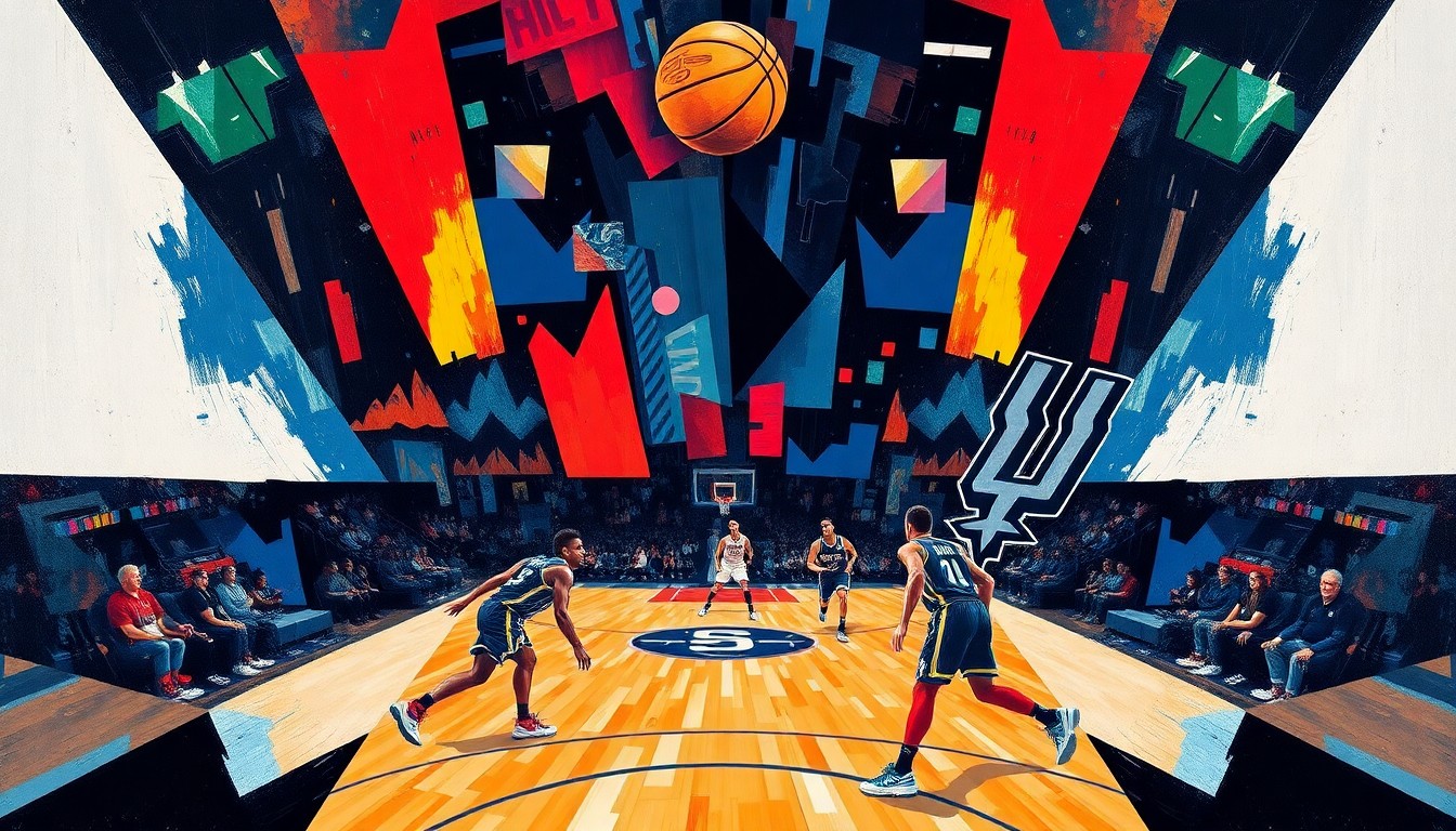 A fractured, geometric painting depicting a basketball game, with the players and court broken down into sharp, overlapping planes of color representing the Denver Nuggets and San Antonio Spurs uniforms.