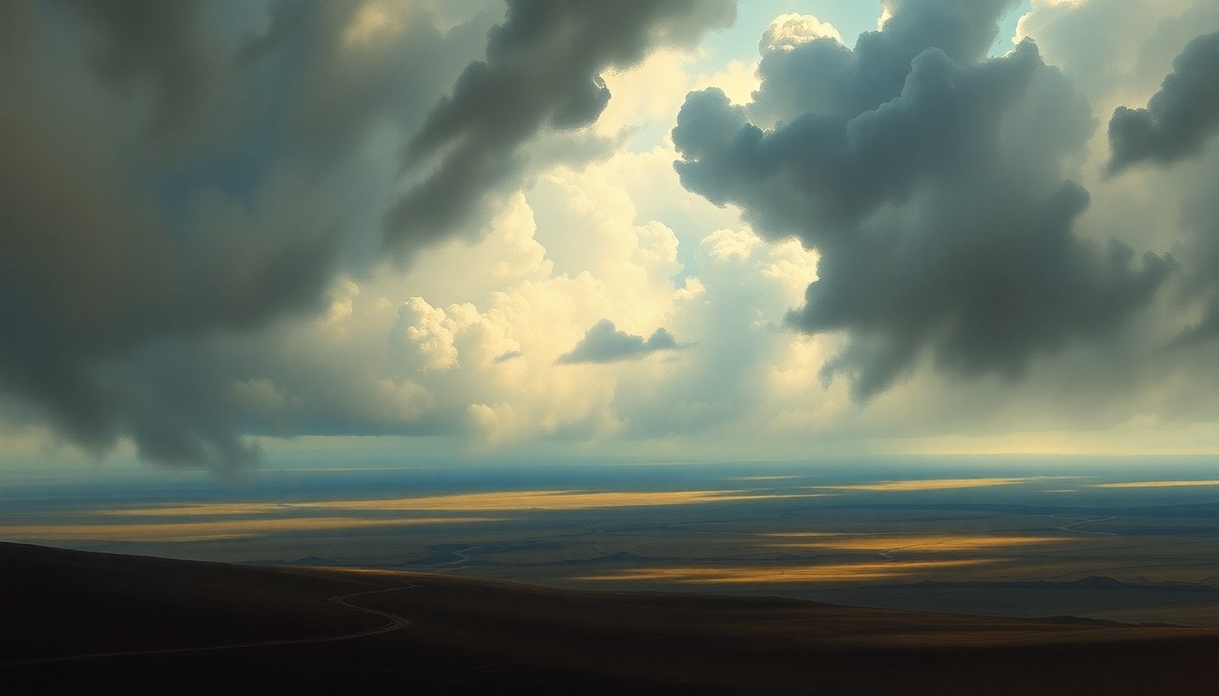 A dramatic, sweeping landscape painting in muted tones of gray, blue, and gold, depicting a vast, stormy sky with billowing clouds over a flat, expansive horizon, conceptually representing the overwhelming power of an approaching weather system.
